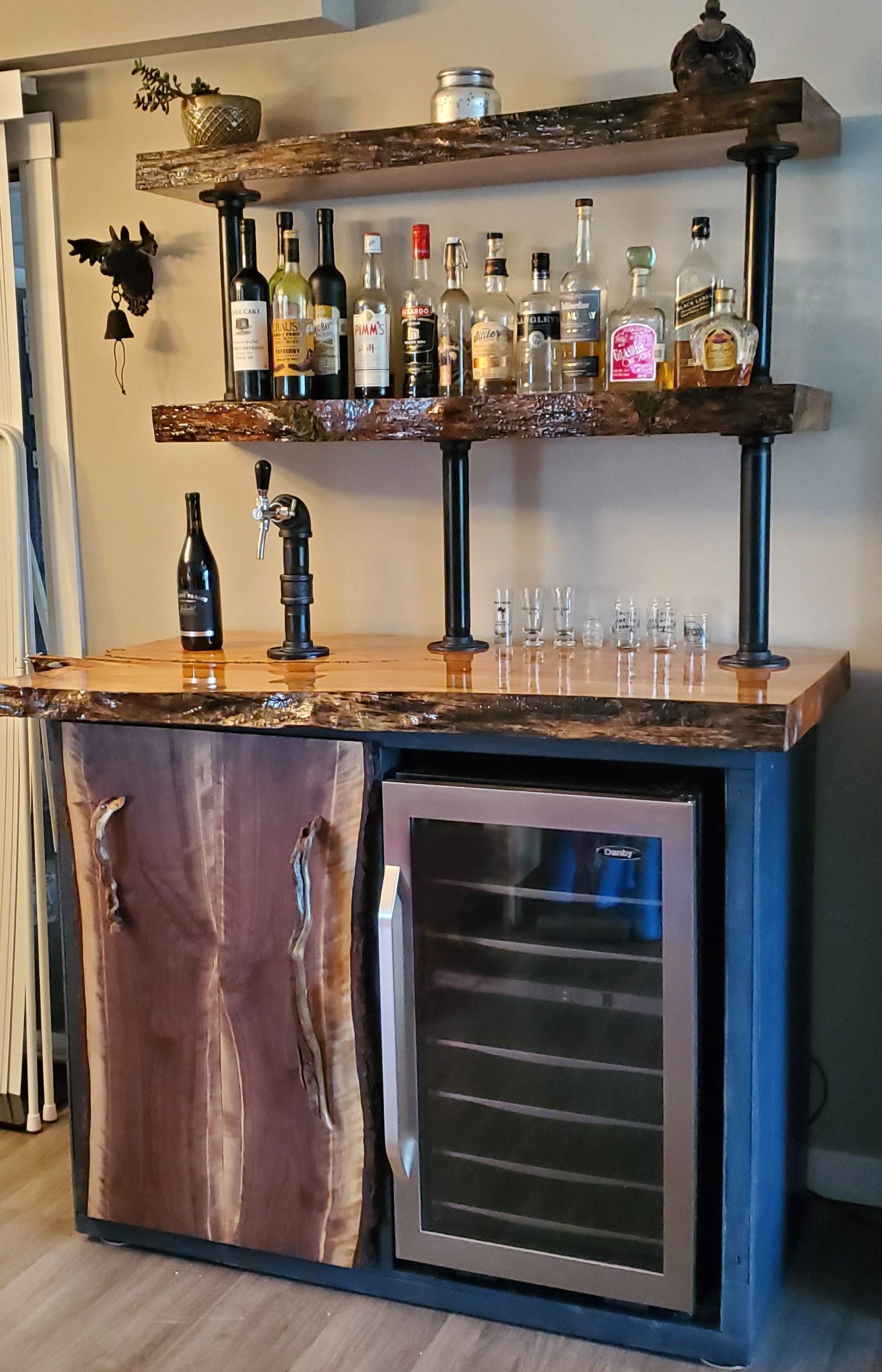 The Lid Lube Ultimate DIY Kegerator. Live Edge Maple with Inlaid Moss, Walnut Door and Wine Fridge!