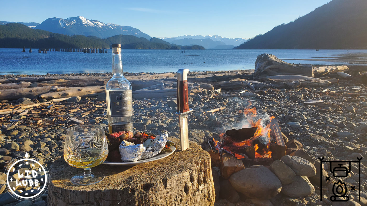 Lid Lube Steak on the Lake Camp Fire Cooking Scotch Knife Mountains